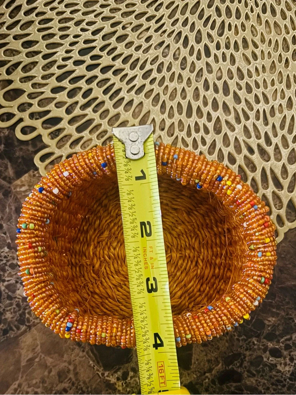 Handwoven Orange Jewelry Basket with Beaded Accent